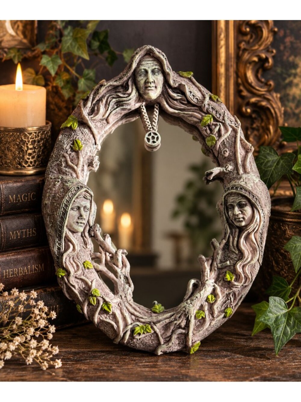 Triple Goddess 7" Wall Mirror Witchy Gothic Celtic Style Home Maiden Crone